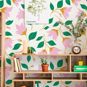 Simple Floral Decorative Wallpaper, Pink Flower and Green Leaf Pattern • Peel and Stick *self adhesive* or Non-Pasted Vinyl Materials •