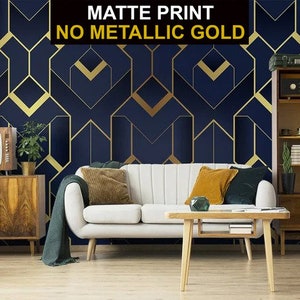 Blue and yellow matte geometric art deco pattern wallpaper (no shiny effects), self adhesive, peel and stick wall mural