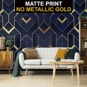 Blaue und gelbe matte Tapete mit geometrischem Art-Deco-Muster (keine Glanzeffekte), selbstklebendes Wandgemälde zum Abziehen und Aufkleben