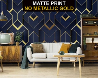 Blaue und gelbe matte Tapete mit geometrischem Art-Deco-Muster (keine Glanzeffekte), selbstklebendes Wandgemälde zum Abziehen und Aufkleben
