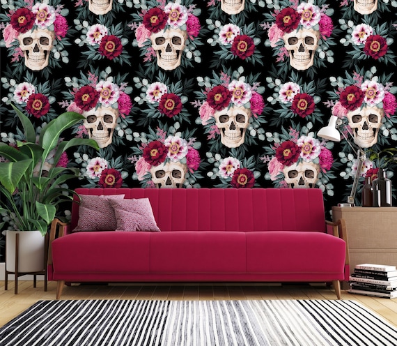 Dark wallpaper with skulls with floral crowns || self adhesive, peel and stick wall mural