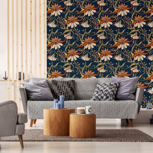Blue Wallpaper With Elegant Orange Floral Pattern, Self Adhesive, Peel