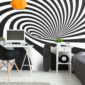 Black and white vortex wallpaper, self adhesive, peel and stick wall mural