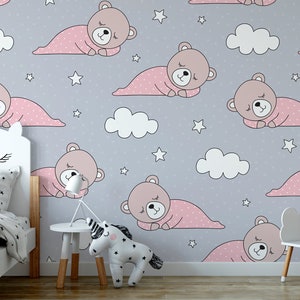Purple wallpaper with pink sleeping teddy bears || For Kids, self adhesive, peel and stick wall mural