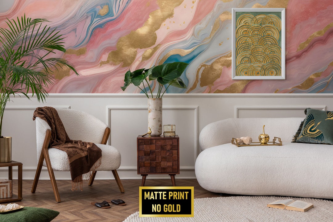 Pink Blue & Yellow Marble Wallpaper Abstract Marbled Wall Etsy