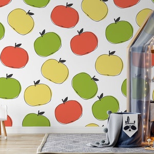 Wallpaper with green, yellow and red apples || For Kids, self adhesive, peel and stick wall mural