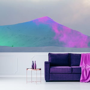 Abstract pink and green mountain wallpaper, self adhesive, peel and stick wall mural