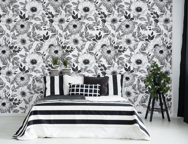 Black and white floral pattern wallpaper peel and stick | Etsy