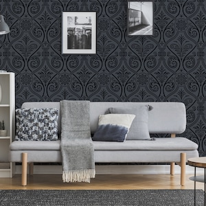 Gray and black gothic damask art deco pattern wallpaper, self adhesive, peel and stick wall mural