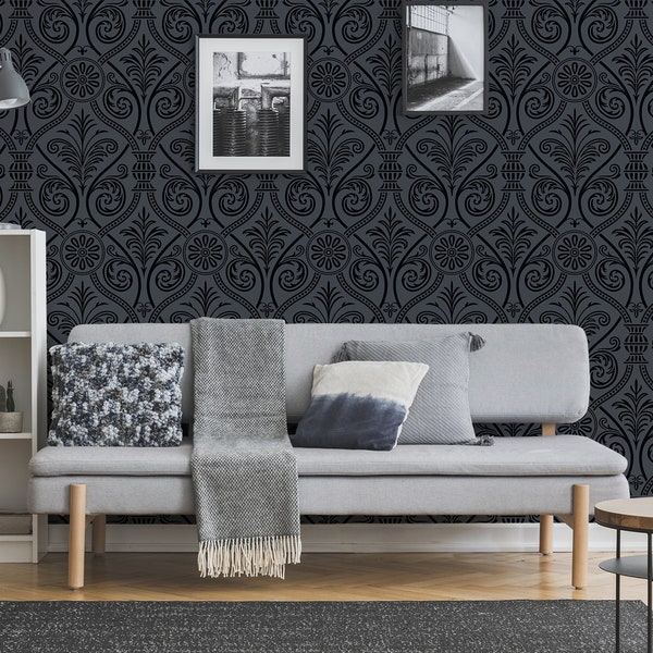 Gray and black gothic damask art deco  pattern wallpaper, self adhesive, peel and stick wall mural