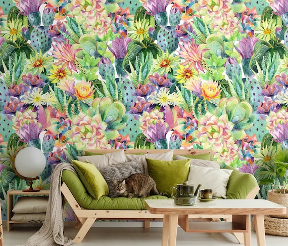 Watercolor rainbow tropical plants & cactus pattern wallpaper, self adhesive, peel and stick wall mural