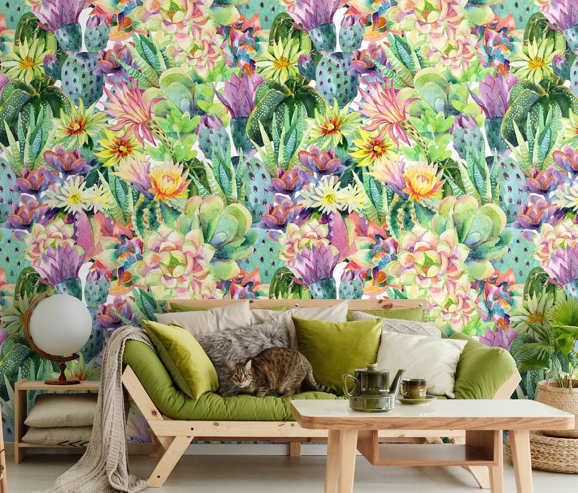 Watercolor Rainbow Tropical Plants & Cactus Pattern Wallpaper - Etsy