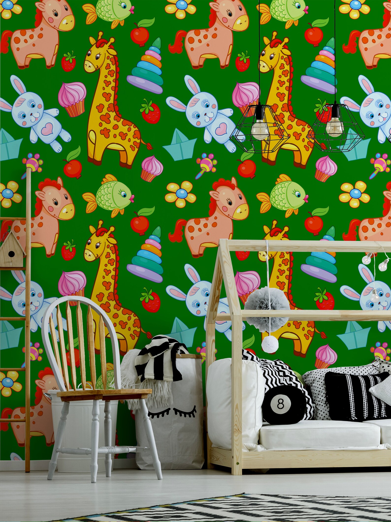 Green Wallpaper With Colorful Animals Fruits and Sweets - Etsy