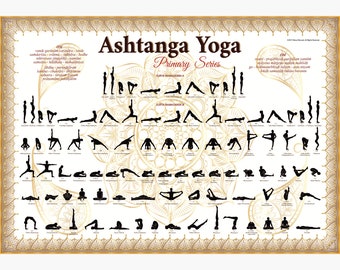 May include: A black and white poster illustrating the Ashtanga Yoga Primary Series. The poster features a detailed mandala design with a lotus flower in the center. The poses are numbered and labeled with Sanskrit names. The text at the top of the poster reads "Ashtanga Yoga Primary Series".