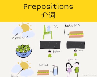 Tarjetas Flash de Preposición (Juego de 10) -Inglés-Chino mandarín- (Imprimible- Materiales didácticos)