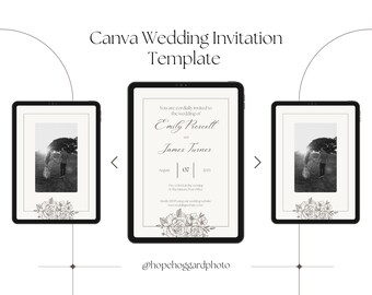 May include: A black and white wedding invitation template on a tablet screen. The invitation features a floral design and the text "You are cordially invited to the wedding of Emily Prescelt and James Turner August 07 2021".