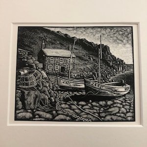 Priesters &#39; Cove, Cornish landschap, hout-gravure print