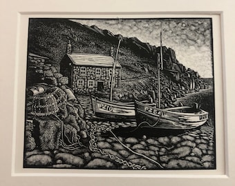 1950年 グウェンダ・モーガン作 木版画「田舎の風景」。ベイ