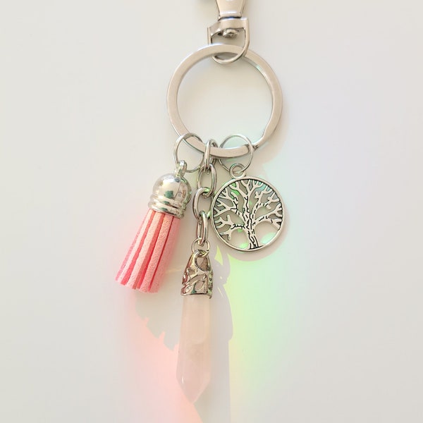 Tree of Life Charm Rose Quartz Point Keyring | Tassel Charm Keychain | Gemstone Keyring