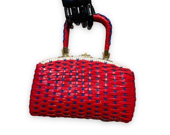 50s 60s Vintage Mod Top Handle Wicker Bag Forth of July Red White Blue