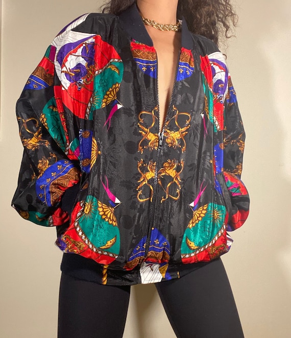 Vintage Silk Scarf Print Bomber Jacket Black Red G