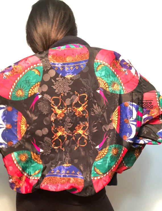 Vintage Silk Scarf Print Bomber Jacket Black Red … - image 8