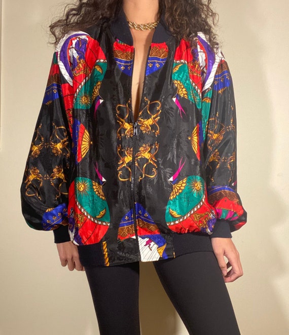 Vintage Silk Scarf Print Bomber Jacket Black Red … - image 2