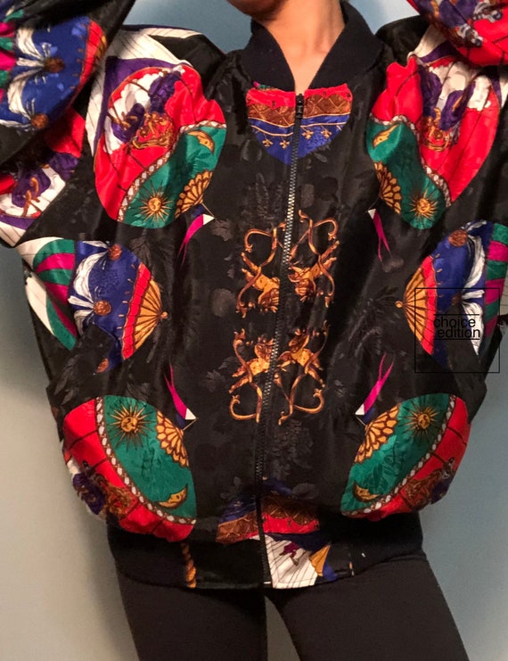 Vintage Silk Scarf Print Bomber Jacket Black Red … - image 7