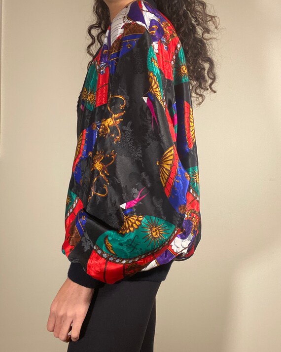 Vintage Silk Scarf Print Bomber Jacket Black Red … - image 4