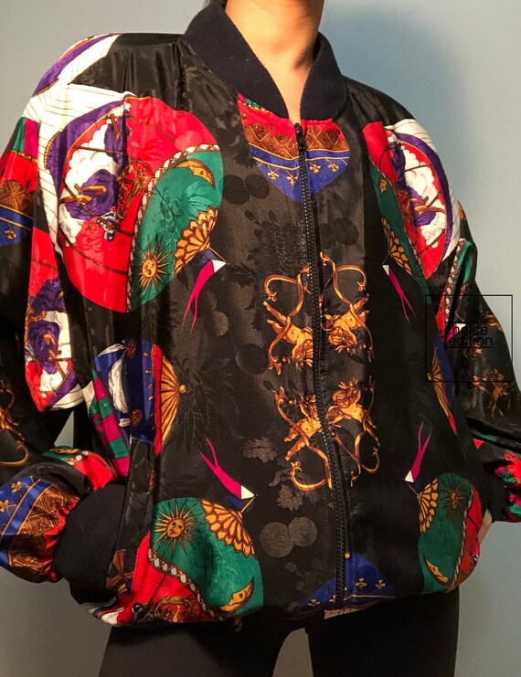 Vintage Silk Scarf Print Bomber Jacket Black Red … - image 3