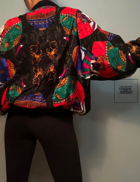 Vintage Silk Scarf Print Bomber Jacket Black Red … - image 6