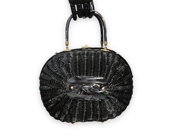Vintage Stylecraft Black Wicker Bag: 50s Mod Mother of Pearl Lucite Handle