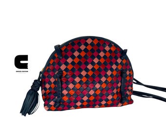 Vintage Bottega Veneta Multicolor Intrecciato Leather Small Dome Crossbody Bag Tassel Made In Italy