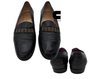 Vintage Chanel Classic Leather CC Chain Slip On Loafers - Size 38 1/2
