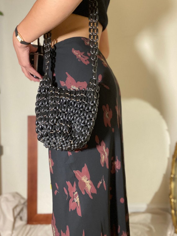 Vtg Wooden Beaded Bag Black Bead Crossbody Shoulde