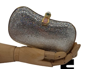 Pochette minaudière vintage Judith Leiber en cristal, sac de soirée, monture dorée, fermoir en perle avec accessoires
