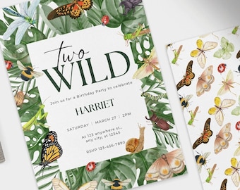 Invitación de cumpleaños EDITABLE para amantes de los insectos, dos salvajes demasiado salvajes, cumpleaños de insectos, invitación de mariposa, cumpleaños de insectos para niños Descarga digital instantánea