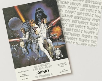 May include: A Star Wars themed birthday invitation with a photo of characters from the movie. The invitation says "In a galaxy far far away Johnny is turning 6".