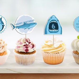 EDITABLE Shark Birthday Theme Cake Toppers, Cool Kids Birthday CupCakes, Jaws Birthday, Under Sea Party, Instant Digital Download, Printable