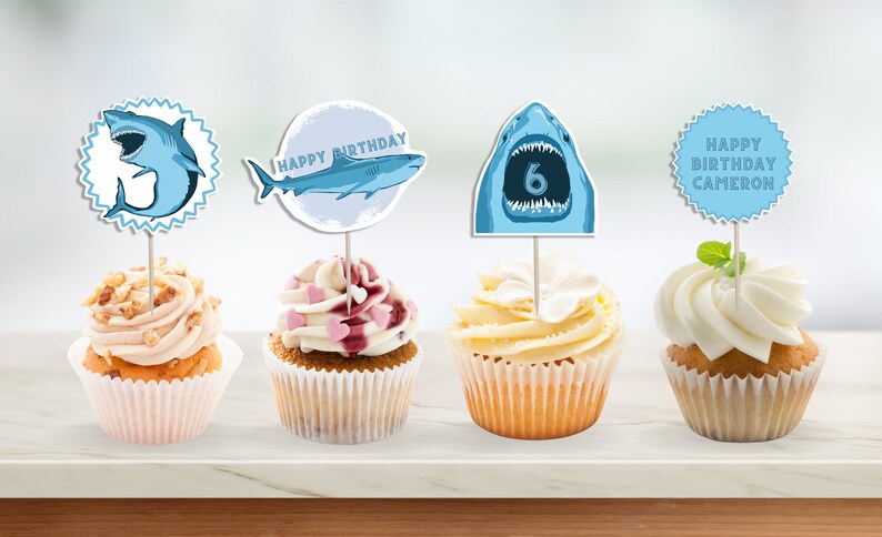 EDITABLE Shark Birthday Theme Cake Toppers, Cool Kids Birthday Cupcakes ...