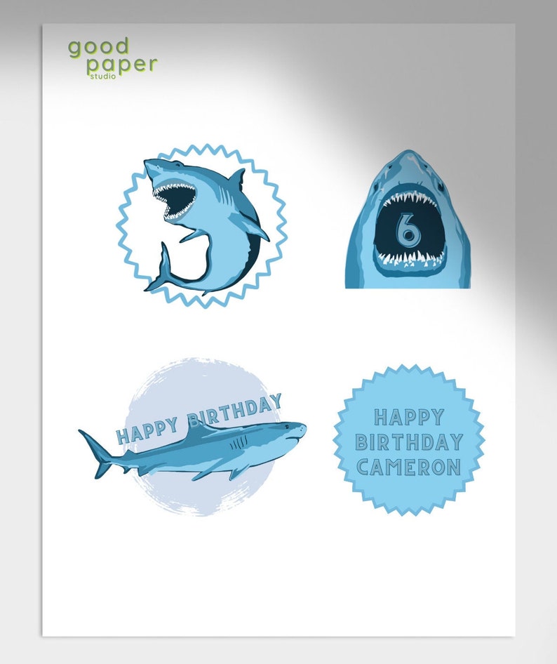 EDITABLE Shark Birthday Theme Cake Toppers, Cool Kids Birthday Cupcakes ...