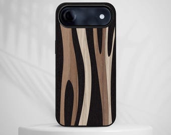 iPhone case with an abstract wavy stripes design: protective black silicone case