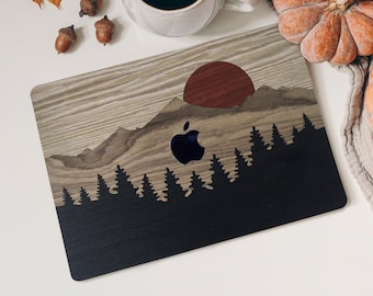 Real Wood Macbook Decal: Landscape Mountain Forest Design