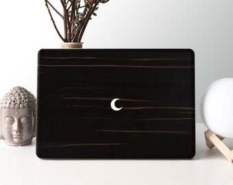 Dark Wood Veneer Macbook Skin: Crescent Moon Logo, Natural Finish