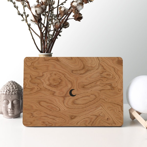 NATURAL WOOD MATERIAL Skin for Macbook Pro 16 15 14 Air 13 M1 M2 2023 2022 2021 2020 2019 2018 Cover Stiker brown wooden root logo moon