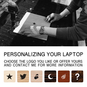 May include: A black and white image showing a person personalizing a laptop with a laser cutter. The image shows a variety of logos that can be used to personalize the laptop, including a star, a bird, a cherry, a crescent moon, a snake, and a question mark.