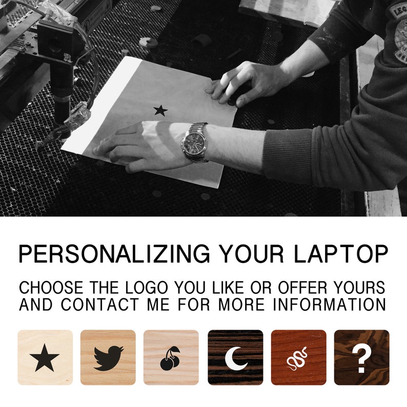 May include: A black and white image showing a person personalizing a laptop with a laser cutter. The image shows a variety of logos that can be used to personalize the laptop, including a star, a bird, a cherry, a crescent moon, a snake, and a question mark.