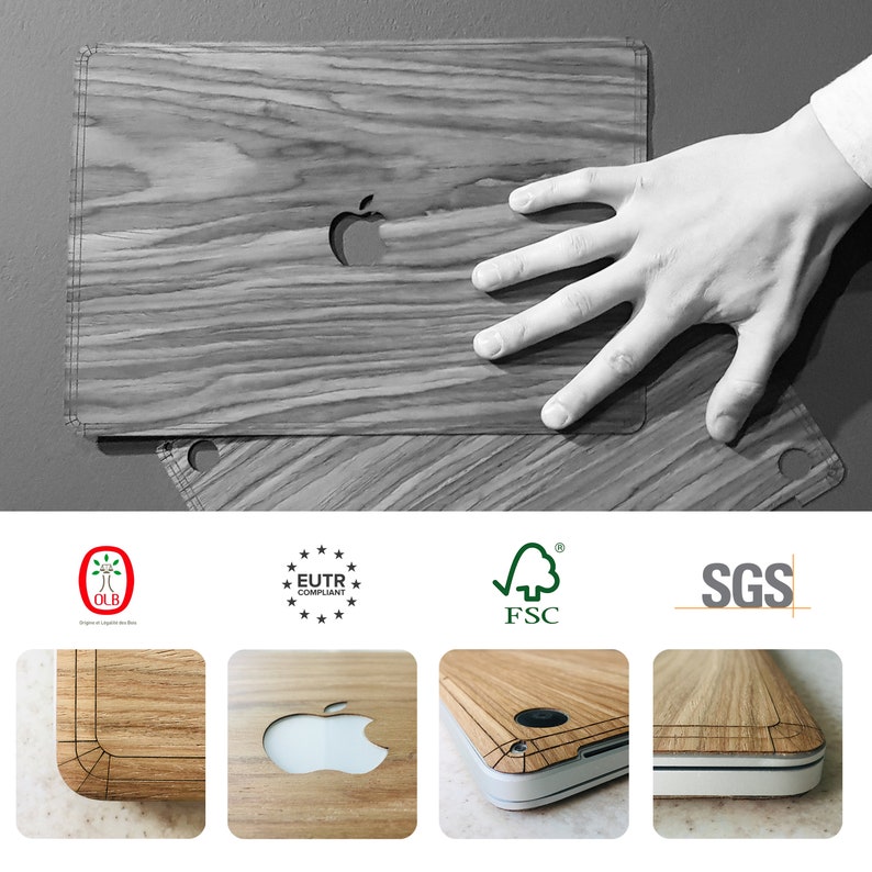 May include: A wood-grain laptop skin with a cutout for the Apple logo. The skin is shown on top of a laptop. The skin is made from real wood and is available in a variety of wood types. The skin is easy to apply and remove, and it leaves no residue behind. The skin is also protected by a clear, scratch-resistant coating. The skin is made from sustainable wood and is certified by the FSC. The skin is also EUTR compliant and SGS tested.
