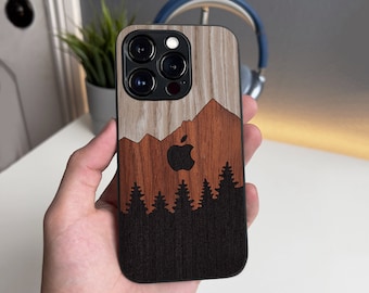 Natural Wood iPhone Case: Mountain Scene, Protective Silicone