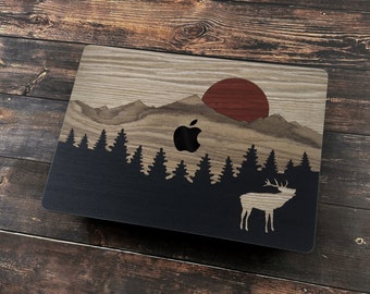 Wood Macbook Skin: Mountain Moose Landscape Cover